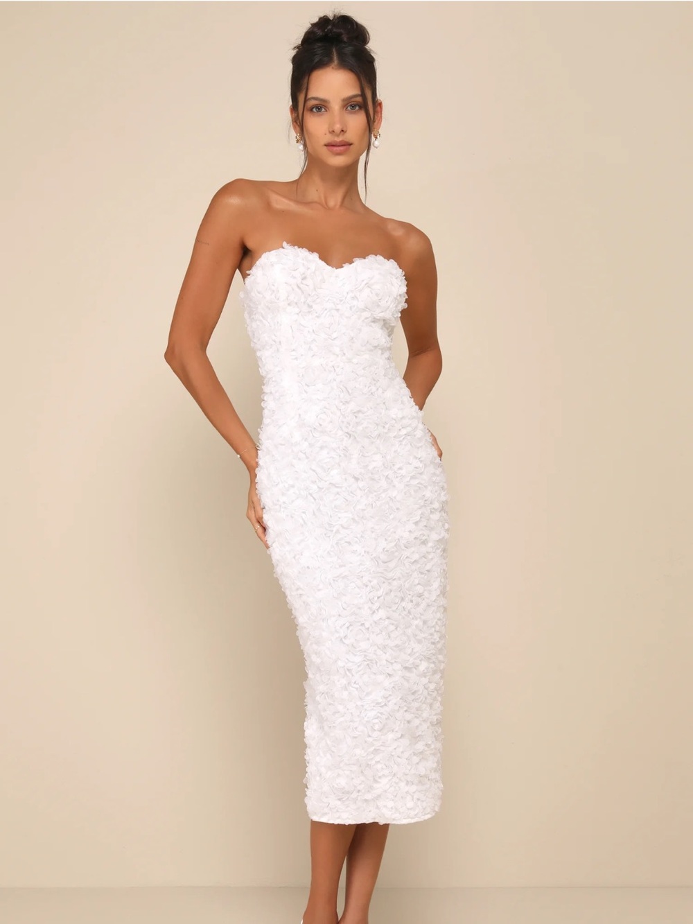 Lulu's White Strapless Floral Appliqué Midi Dress
